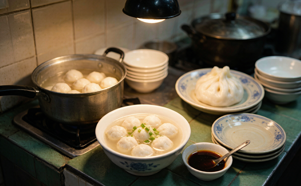Fuzhou street food counter with fish balls in broth and steamed rice cakes