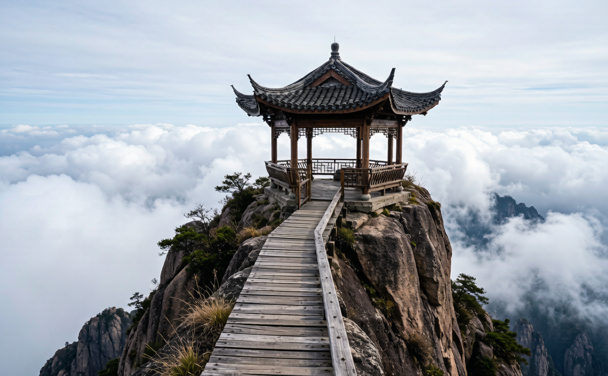Mount Sanqingshan guide - cliffside plank walkway above pine forest