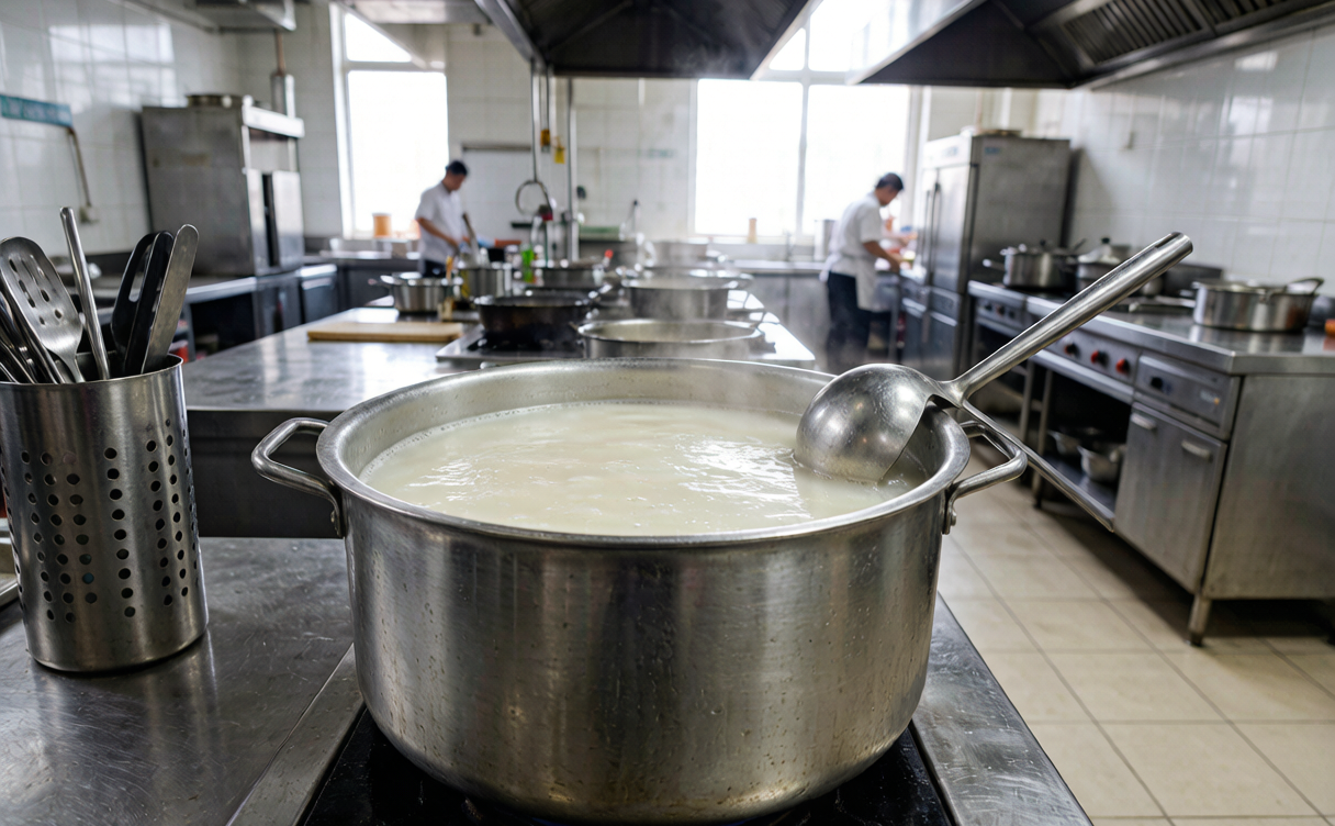 Shandong Lu cuisine guide - a chef ladling the milk-white nai tang broth central to Lu cooking