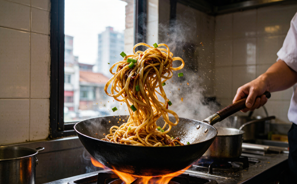 Chef tossing scallion oil noodles in a wok over a high flame in a Shanghai kitchen