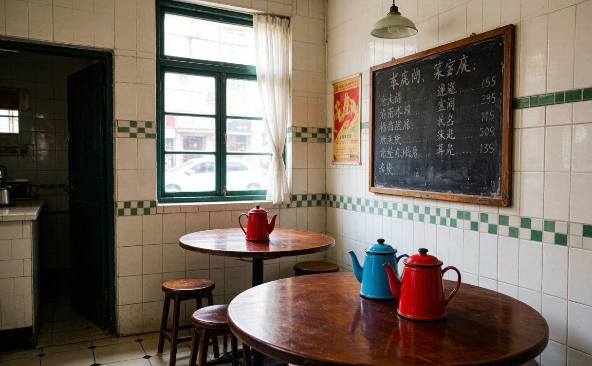 Interior of a tiled Shanghai neighborhood eatery with round tables and enamel teapots