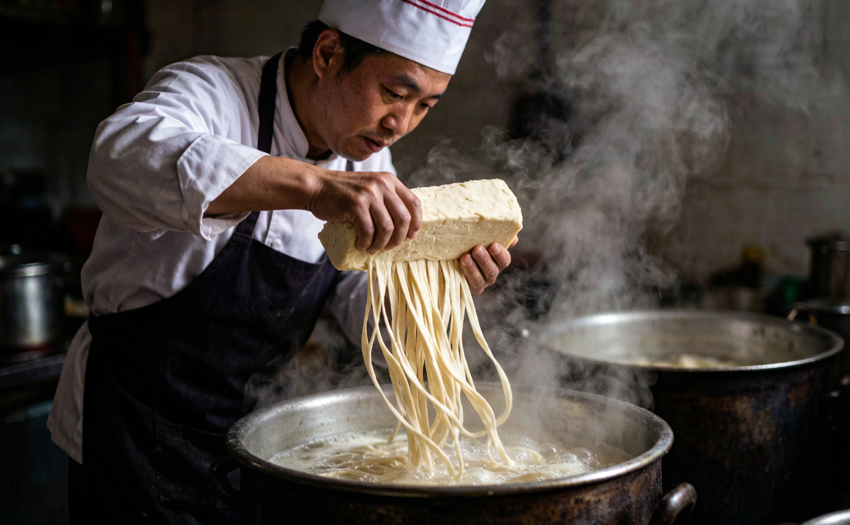 Chef shaving dough ribbons into a boiling pot in Shanxi