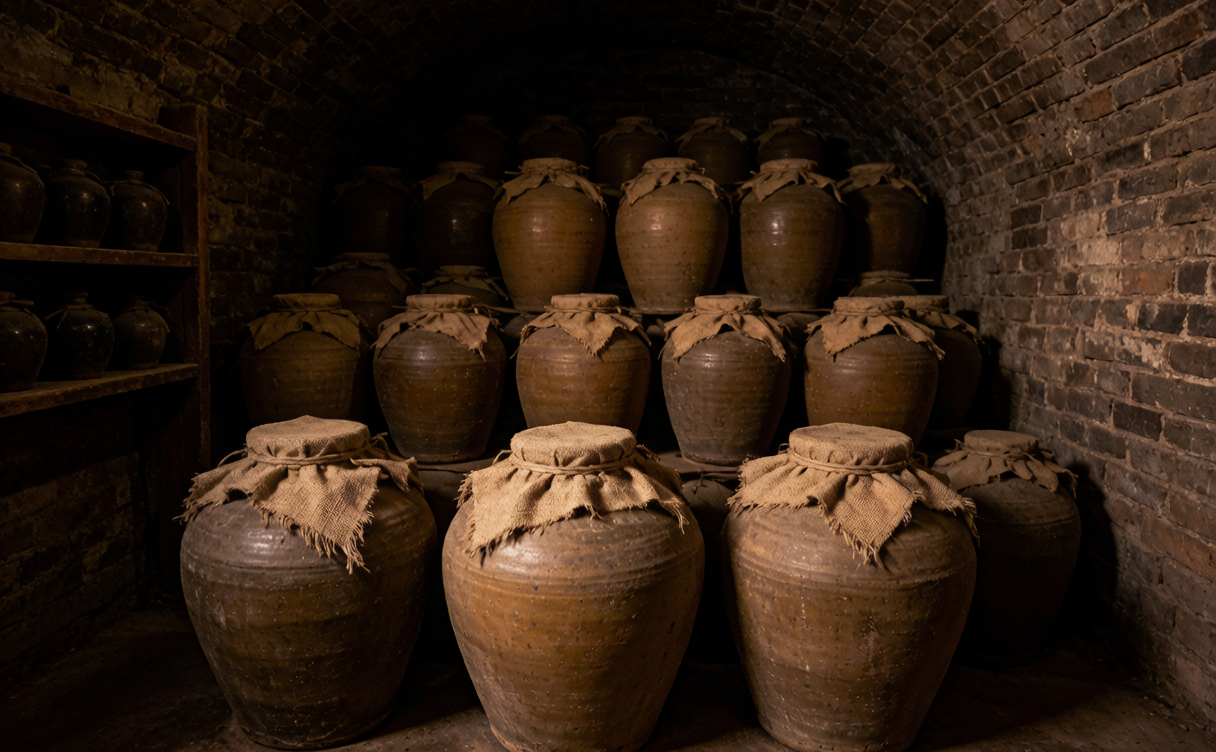 Ceramic vinegar jars sealed with cloth stacked in a dim brick cellar in Shanxi