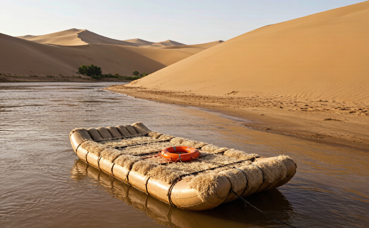 Shapotou travel guide - sheepskin raft on the Yellow River below the dunes
