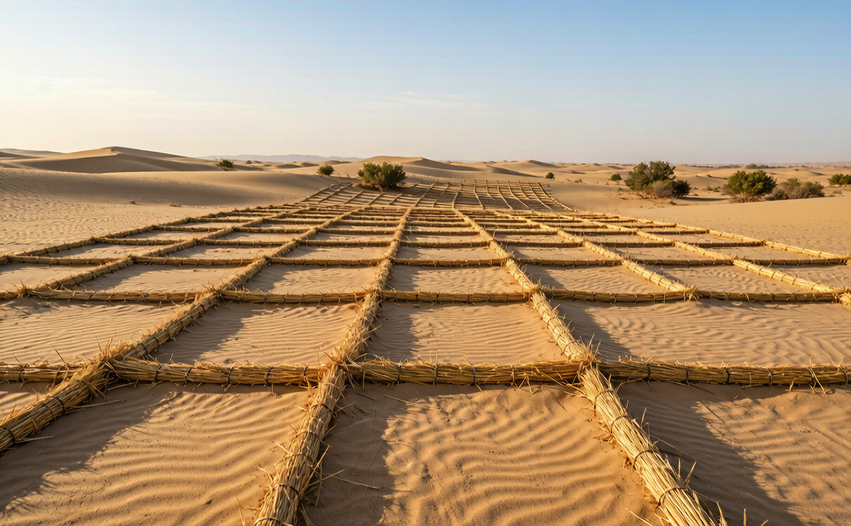 Shapotou travel guide - straw checkerboard sand barriers on the Tengger Desert dunes