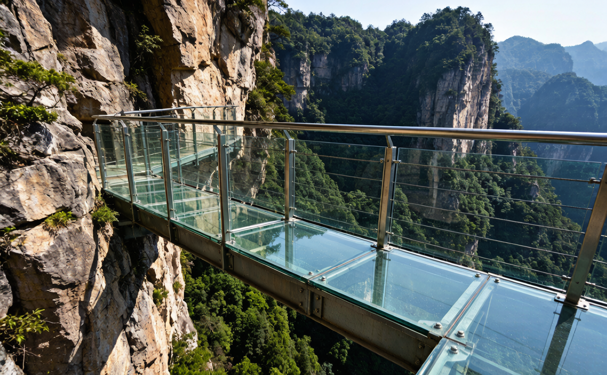 Shenxianju glass walkway - glass-floored suspension bridge over a misty gorge