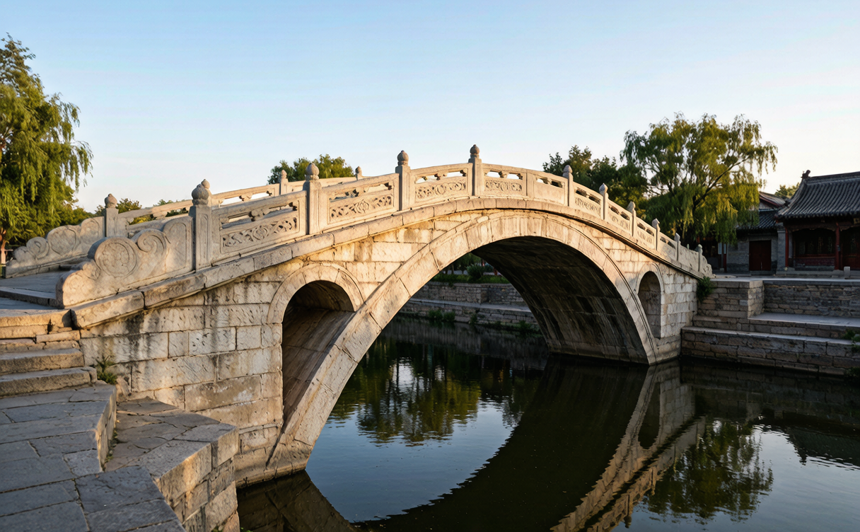 The ancient single-arch Zhaozhou stone bridge over a quiet river in Hebei, China