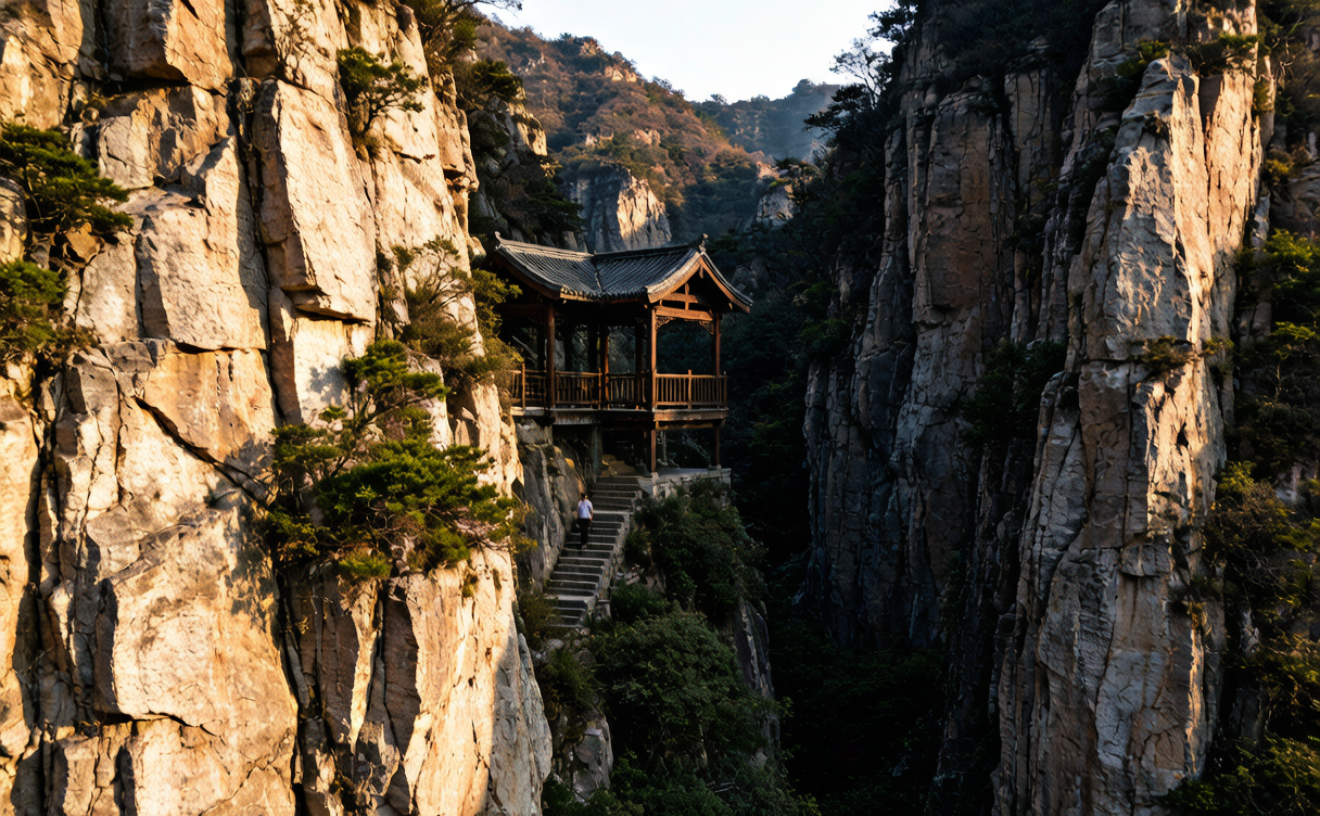Wooden pavilions bridging a cliff gorge at Cangyan Mountain near Shijiazhuang, Hebei, China