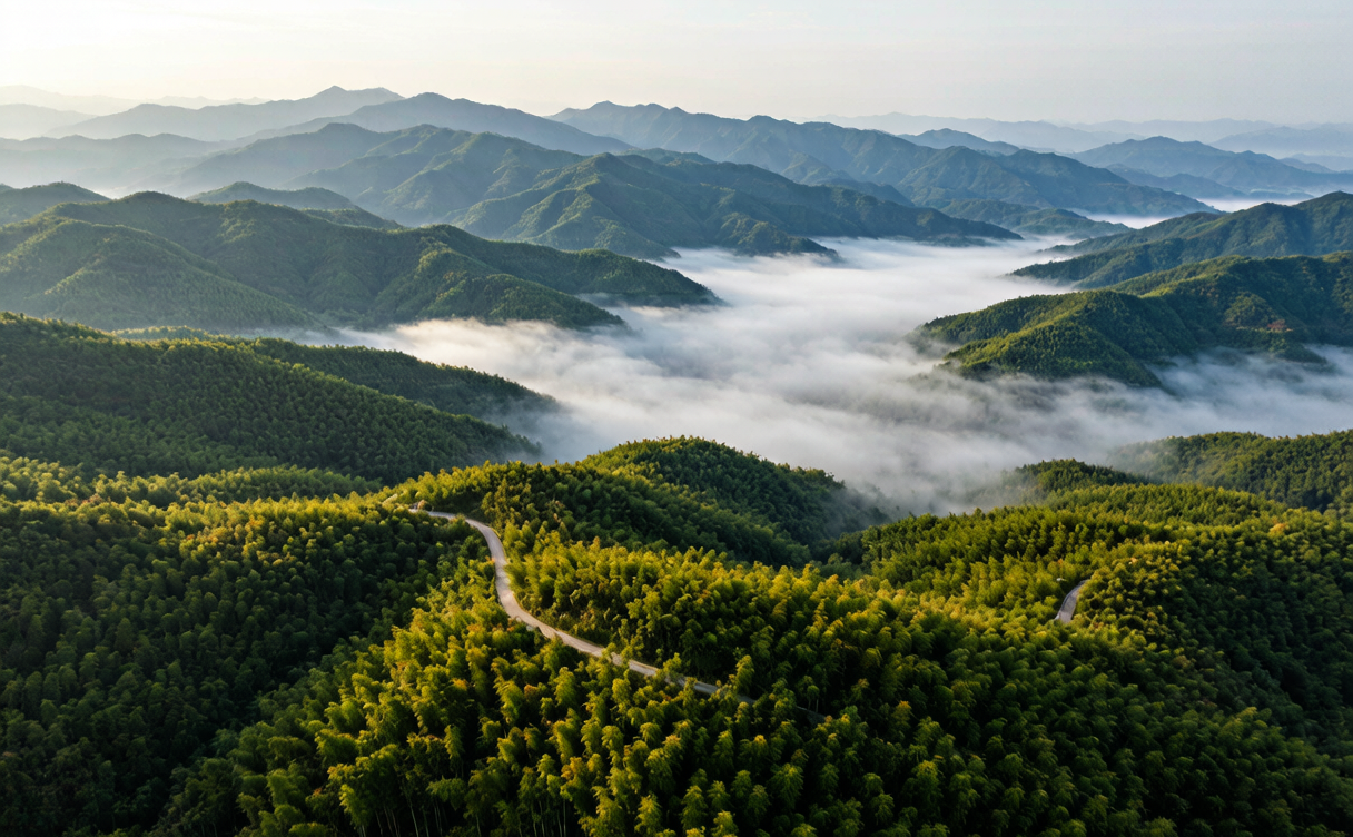 Bamboo-covered hills and a ridge road in Shunan, Sichuan, at dawn