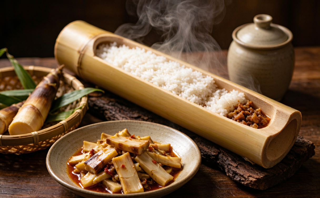 Bamboo shoot dishes and steaming bamboo tube rice on a rustic table in Shunan, Sichuan