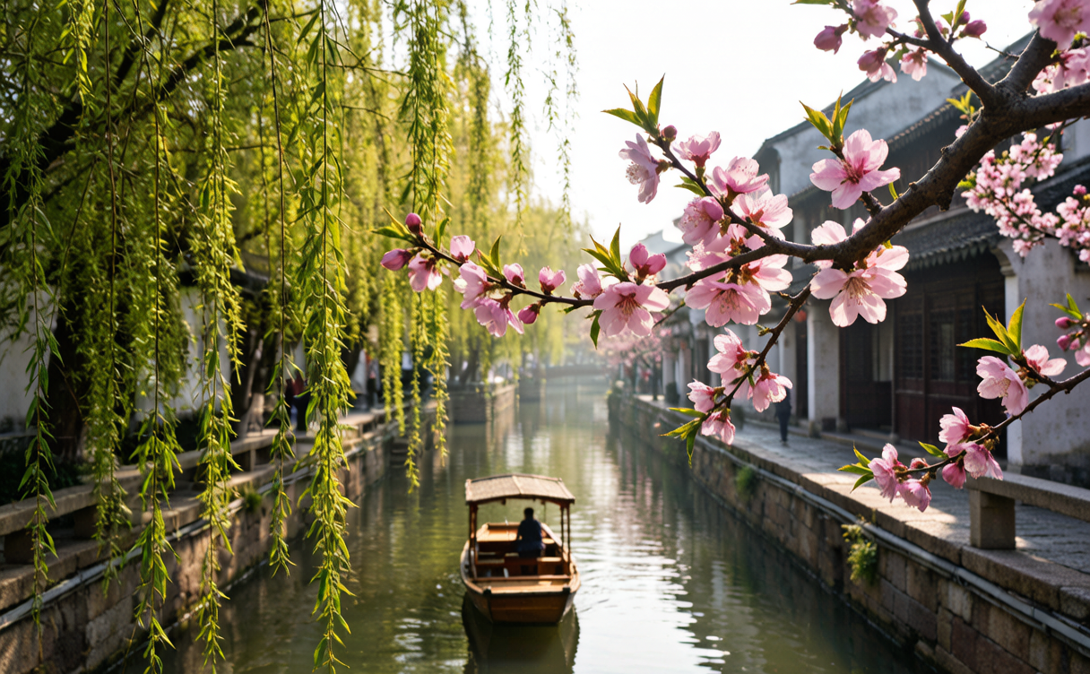 Weeping willows and peach blossoms overhanging a narrow canal with a wooden pleasure boat in Yangzhou