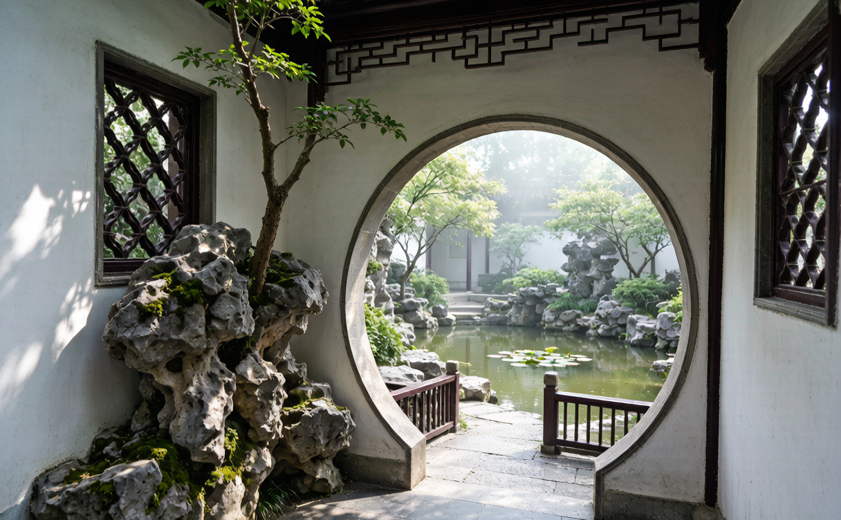Classical garden rockery moon gate and lattice window onto a courtyard pond in Yangzhou