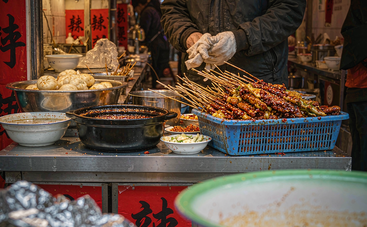 Night market skewers and rice cakes in Suining