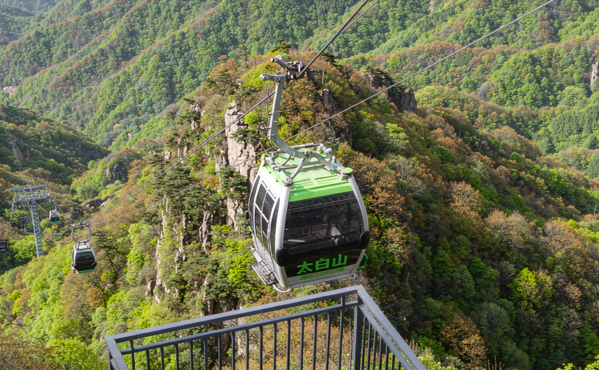 Taibai Mountain cable car gliding over forested Qinling ridges in Shaanxi, China