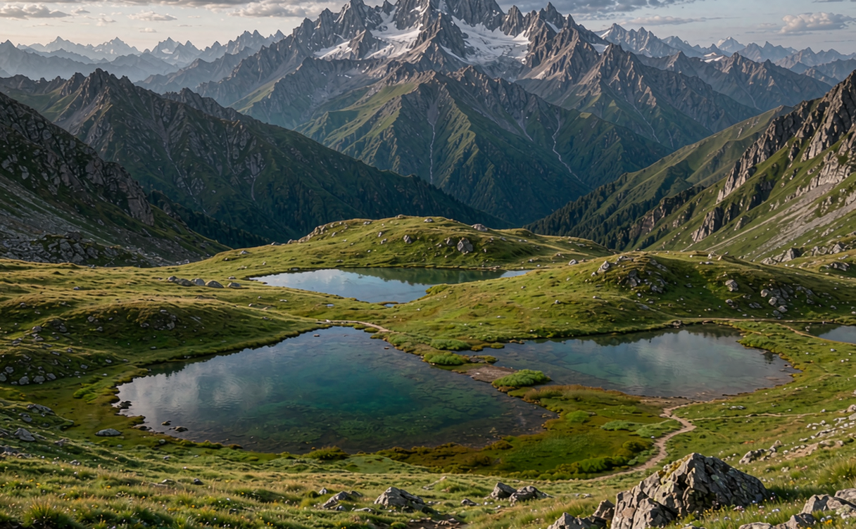 Taibai Mountain alpine meadows and glacial lakes near the summit in Shaanxi, China