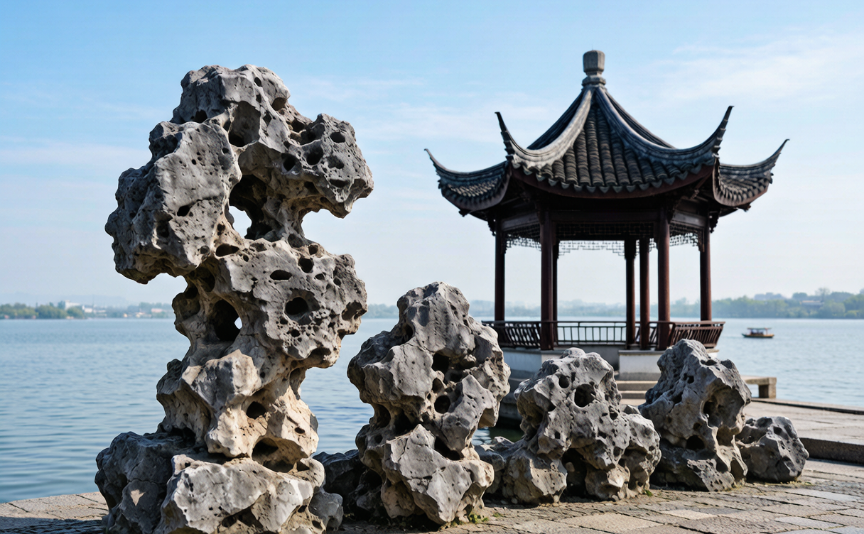 Taihu Lake travel guide - Taihu stones and a lakeside pavilion on the shore