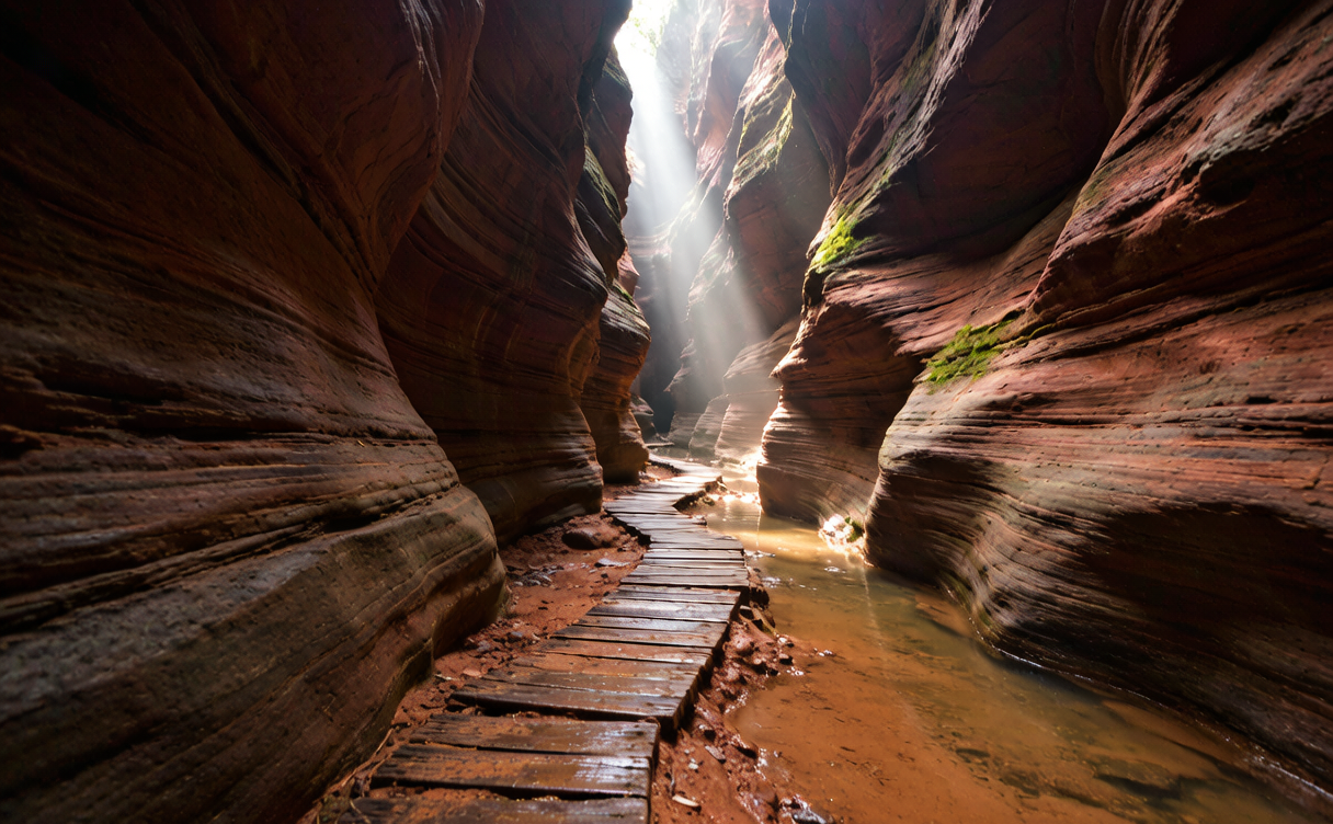 Golden Lake boat tour Fujian - boat passing between red Danxia cliffs at Taining