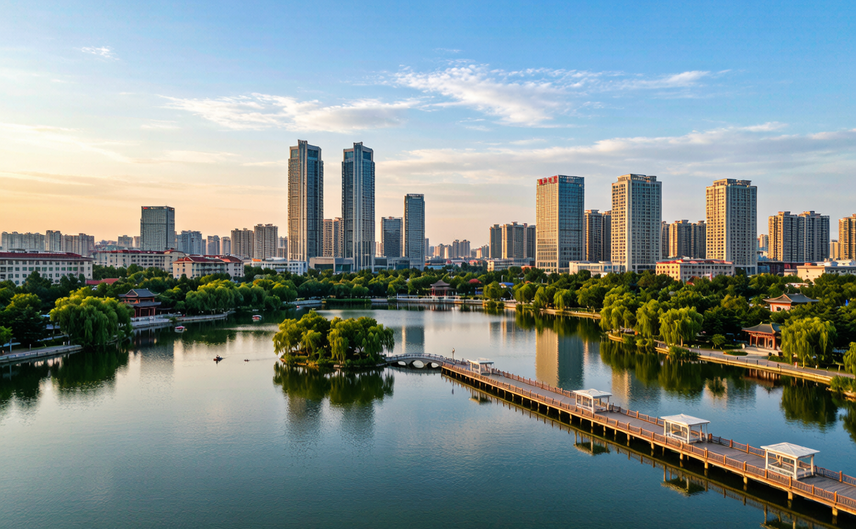 Nanhu Park lake and modern skyline in Tangshan, Hebei, China