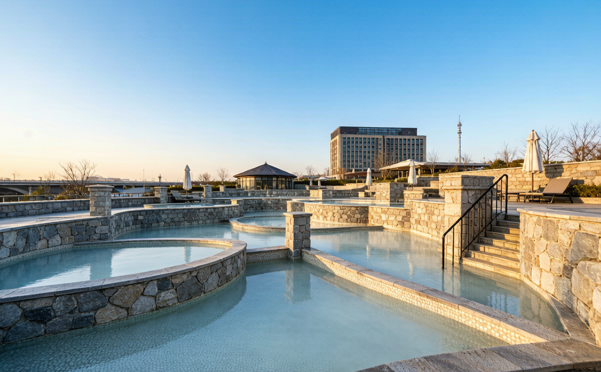 Outdoor hot spring terraces at a Tangshan resort, Hebei, China