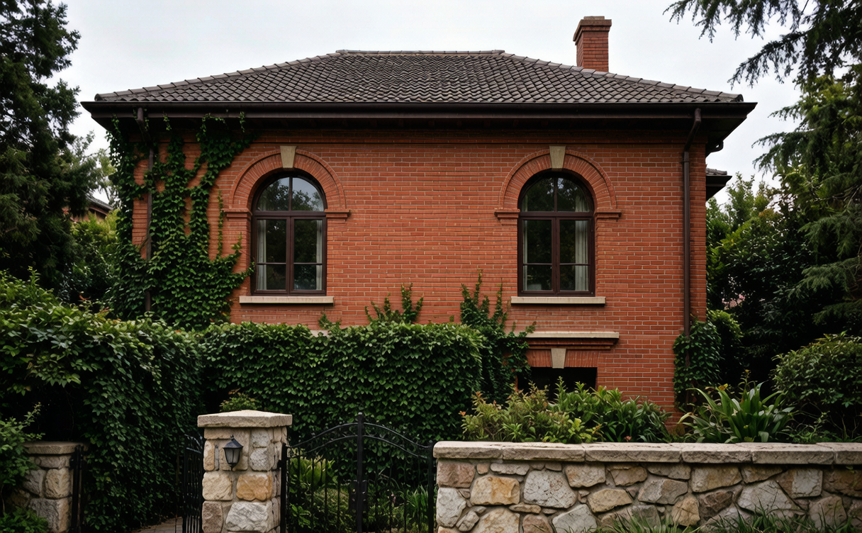 Red brick villa facade with arched windows ivy and stone garden wall in Tianjin