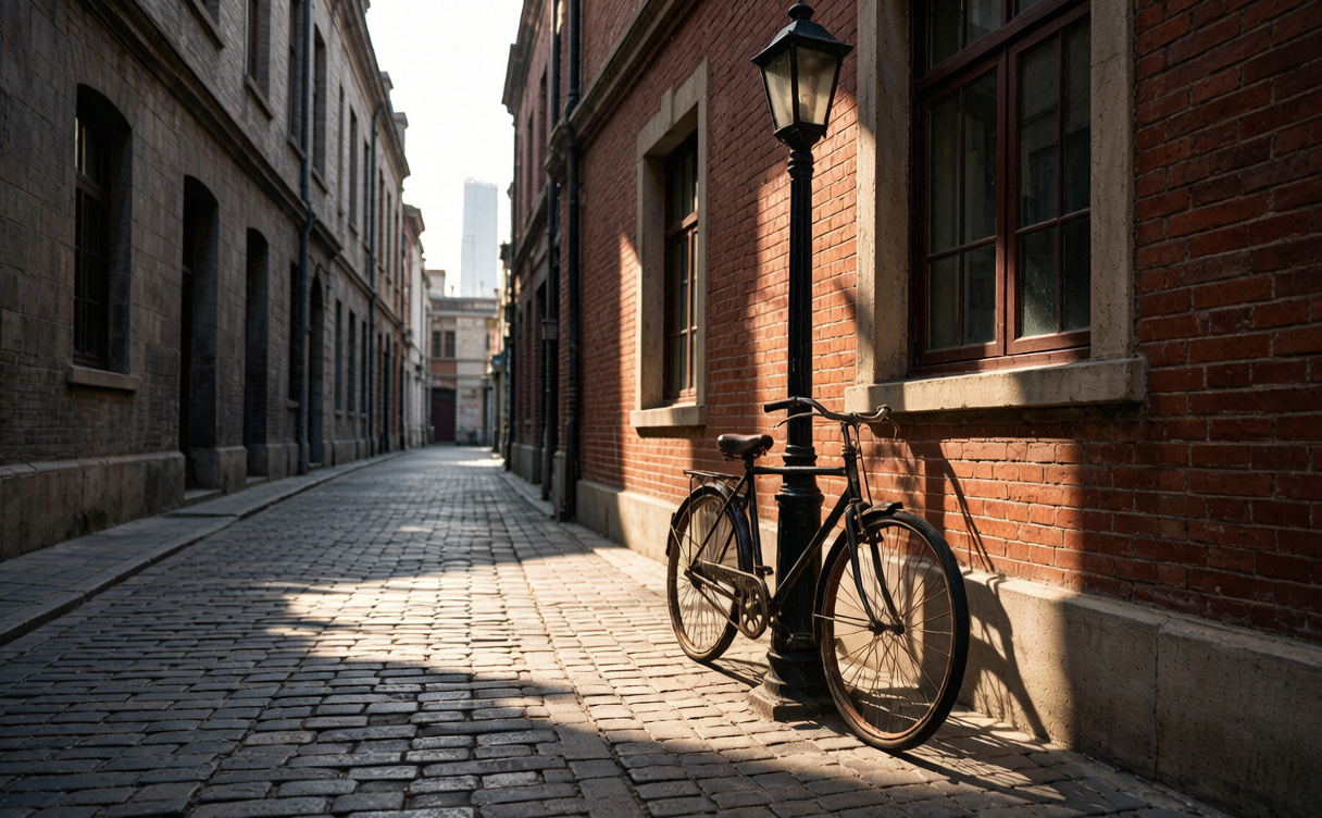 Cobbled side street with a bicycle leaning on a lamppost and long shadows in Tianjin