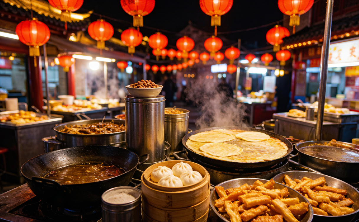 Night market snacks and lit colonial buildings in Tianjin