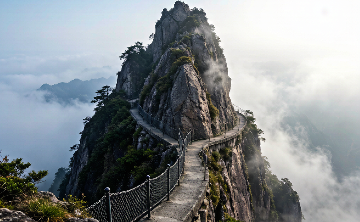 A misty forested hiking trail beside a stream in Tiantai Mountain Zhejiang