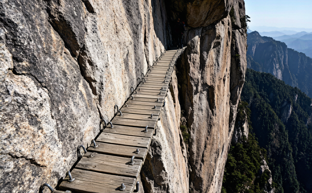 Cliff-edge plank walkway on Tianzhu Mountain in Anhui