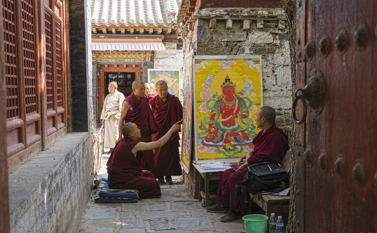 golden-roofed Tibetan monastery of Rongwo Gompa in Tongren with prayer flags