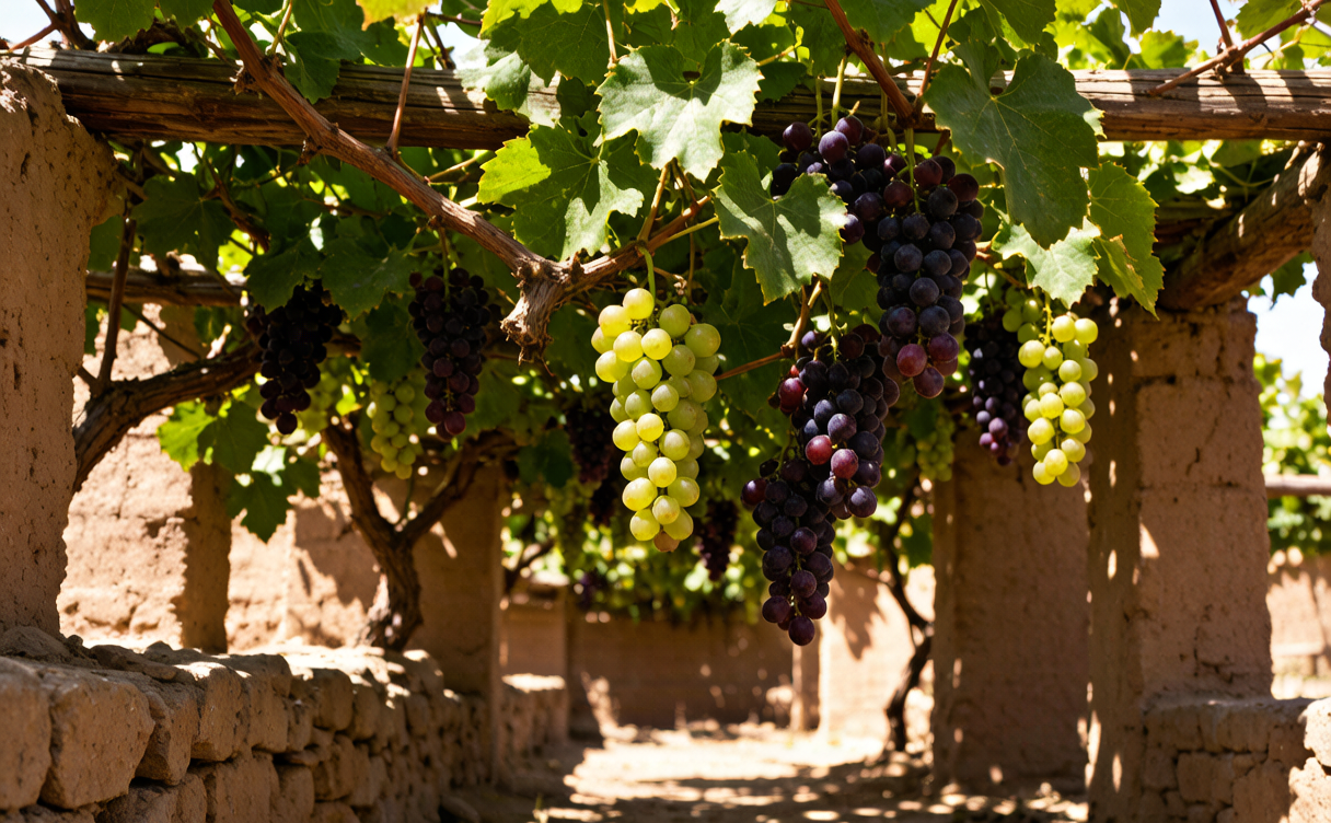 Green vineyards and traditional drying cribs in Turpan Grape Valley, Xinjiang, China