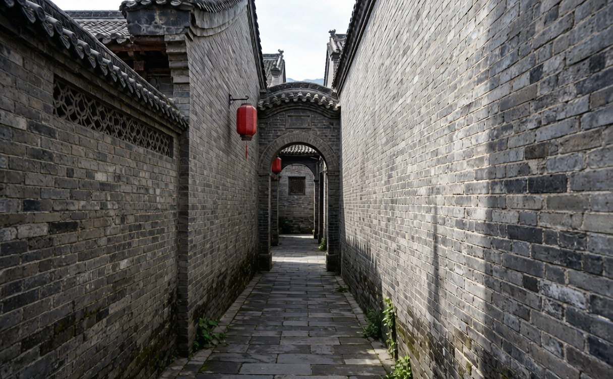 Carved brick screen wall at Wang Family Courtyard, Shanxi, China