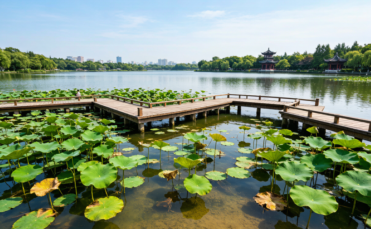 Lotus leaves over a shallow East Lake inlet with a zigzag wooden bridge in Wuhan