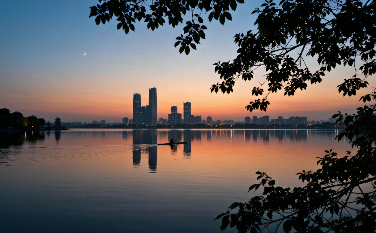 East Lake at dusk with city towers reflected and a lone rowing shell in Wuhan