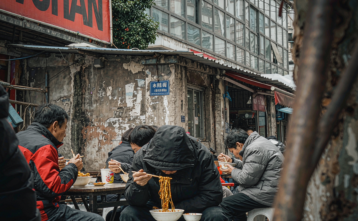 A Wuhan guo zao breakfast table with hot dry noodles, soup dumplings and a fried mian wo disc