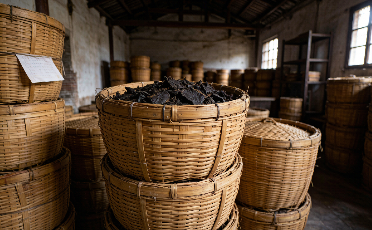 Wuzhou travel guide - bamboo baskets of aged Liubao dark tea in a warehouse
