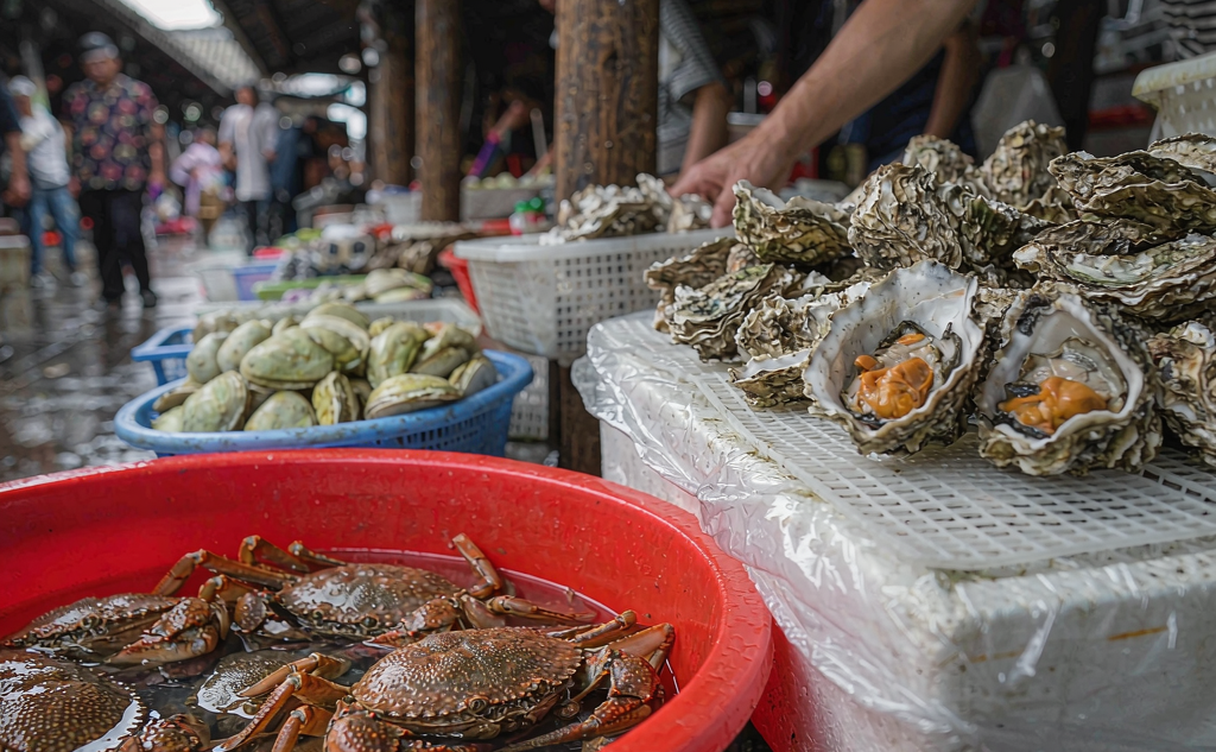 Fishmonger weighing fresh live prawns on a scale at Xiamen Eighth Market