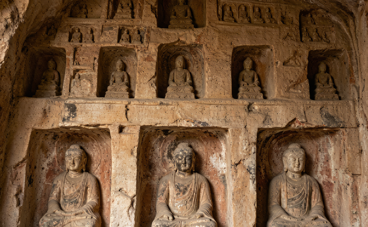 Carved ceiling lotus and ribbing inside a dim Xiangtangshan grotto chamber