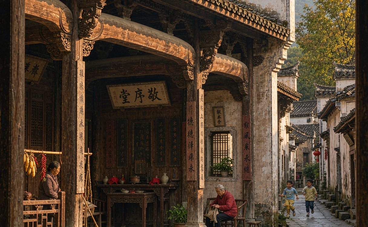 Narrow lane of carved Huizhou houses beside a quiet stream in Xidi village