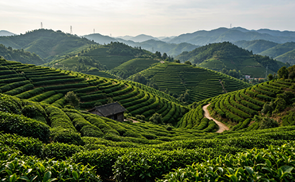 Terraced green tea plantations on the hillsides near Xinyang, Henan