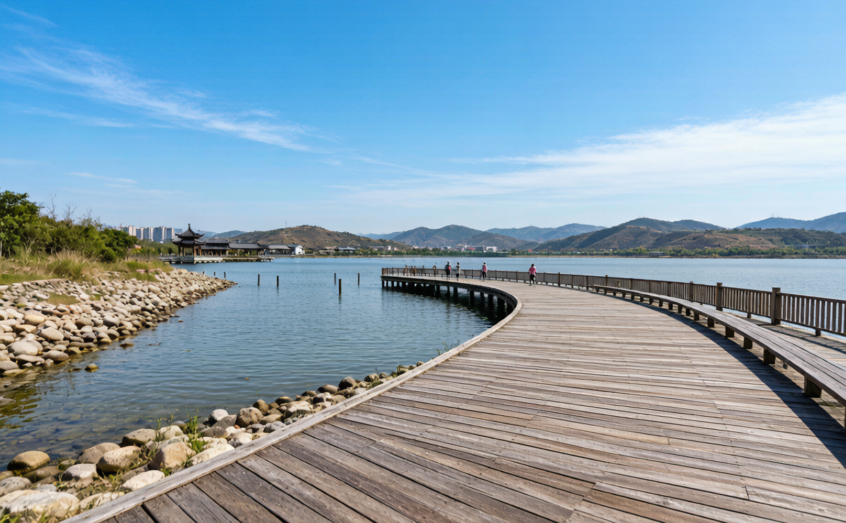 Wooden boardwalk and misty water over Nanwan Lake near Xinyang, Henan