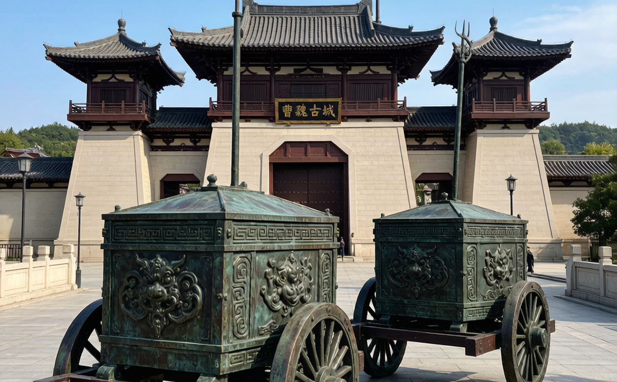 Reconstructed Han-style Cao Wei palace gate with bronze chariot in Xuchang, Henan