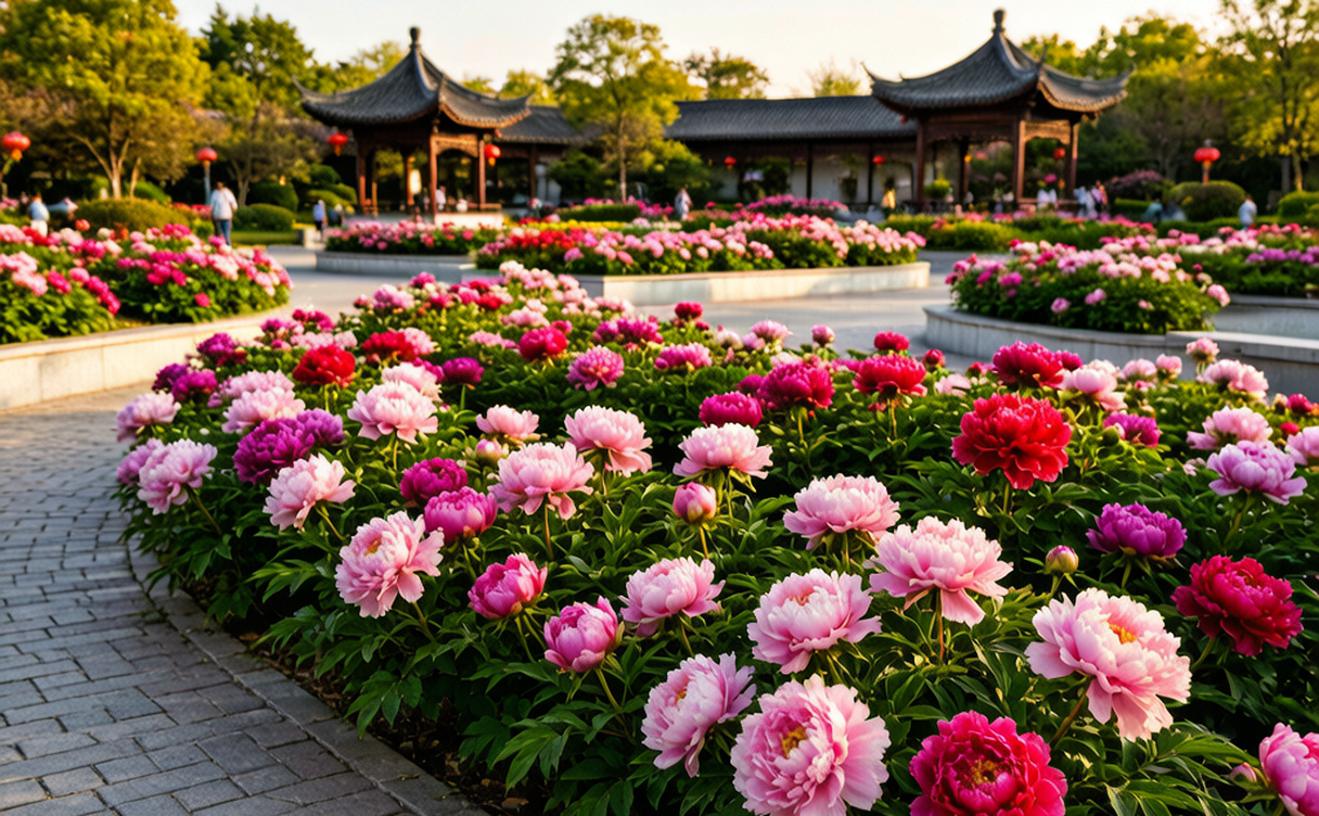 Blooming peony beds in a Xuchang botanical garden during spring