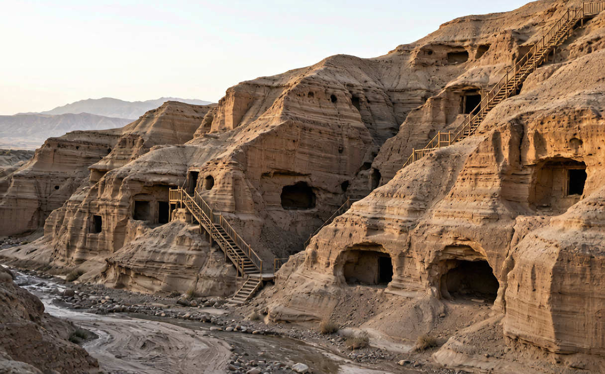 Xumishan Grottoes travel guide - sandstone ridges with cave openings and wooden walkways in Ningxia