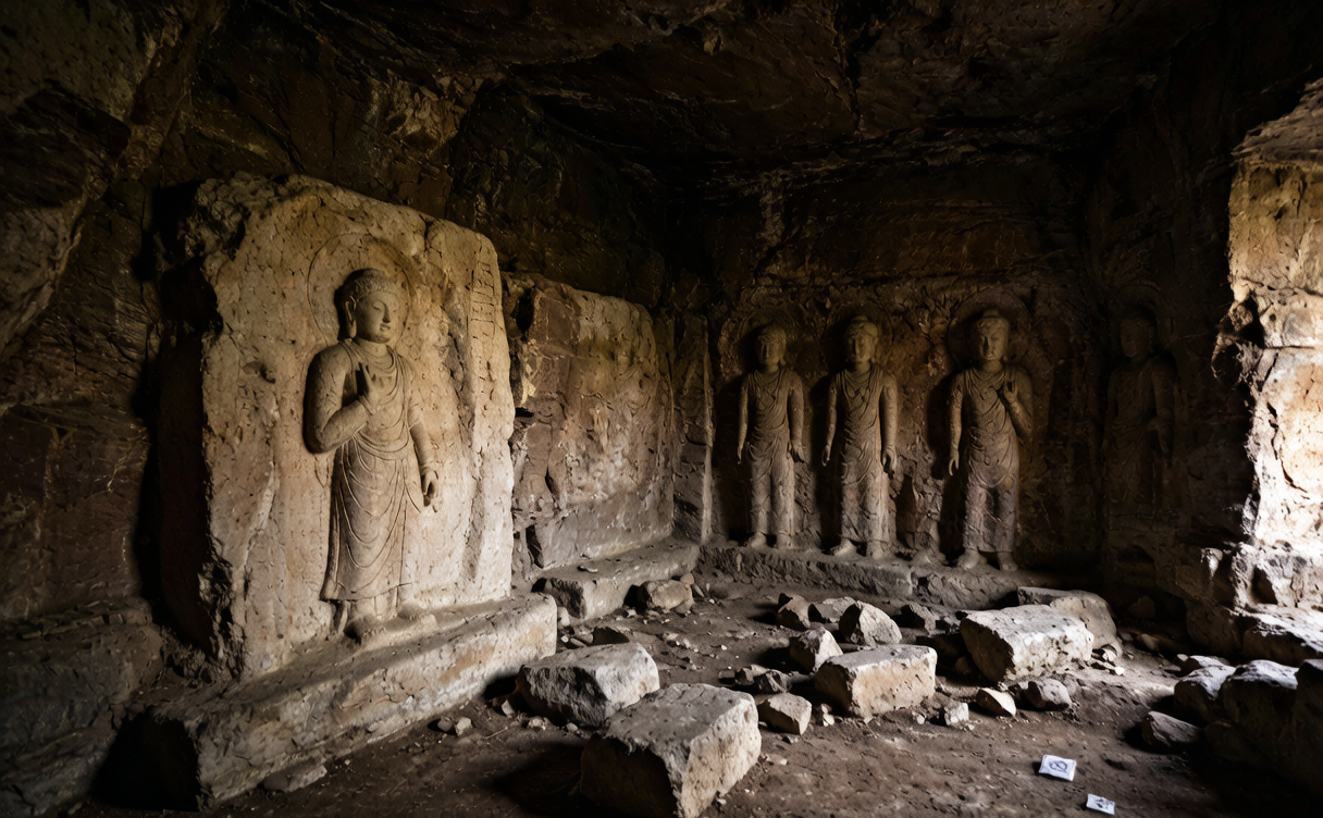 Xumishan Grottoes travel guide - weathered bodhisattva carvings inside a cave chamber
