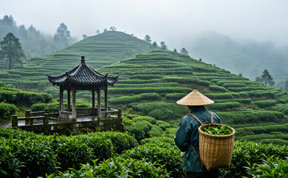 Misty terraced tea plantations on Mengding Mountain near Ya'an