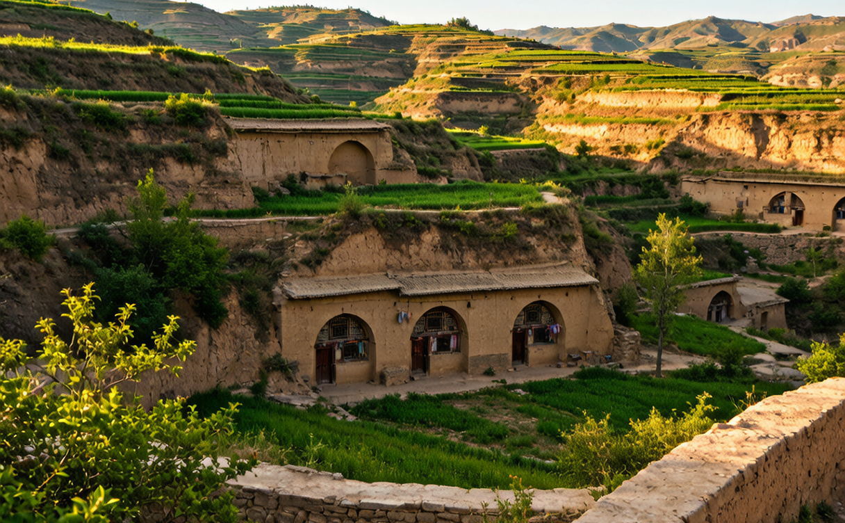 Yan'an revolutionary cave dwellings and red lanterns by the Yan River