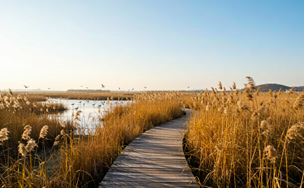 Boardwalk through golden reeds at the Yancheng red-crowned crane reserve in winter, Jiangsu, China