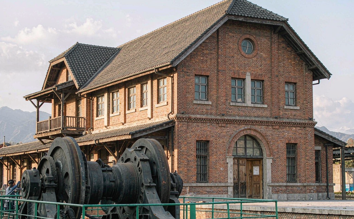 Old brick railway station and mining machinery in Yangquan, Shanxi