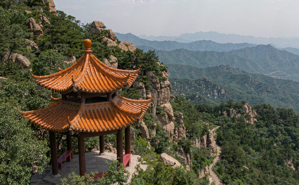 Mountain temple pavilion overlooking a forested ravine near Yangquan, Shanxi