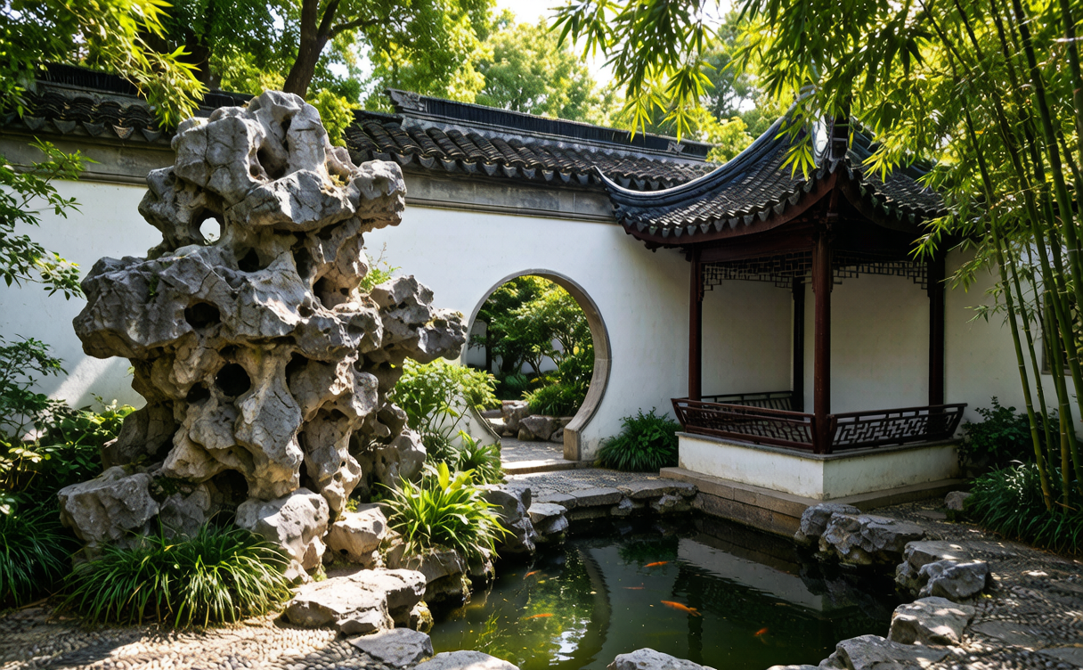 Yangzhou travel guide - classical garden rockery and pavilion at Ge Garden, Yangzhou